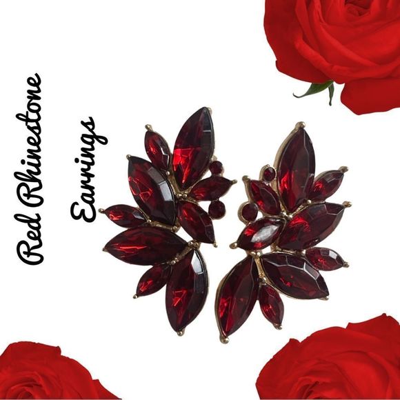 • Red Rhinestone Statement Earrings • - Picture 1 of 5